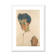 Load image into Gallery viewer, Self Portrait with Striped Shirt by Egon Schiele. Print Framed Mounted / 11x14&quot; (28x35.5cm) / White - Exact Art
